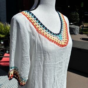 Boho swim cover tassels white with turquoise, pink, yellow, orange accents